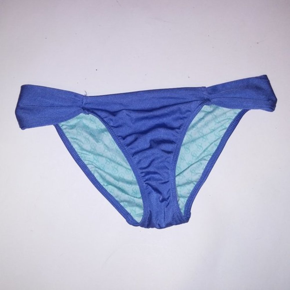 Victoria Secret Swim Bikini Bottom XS Solid Blue Shimmer Side Ruffle 2016 Collec